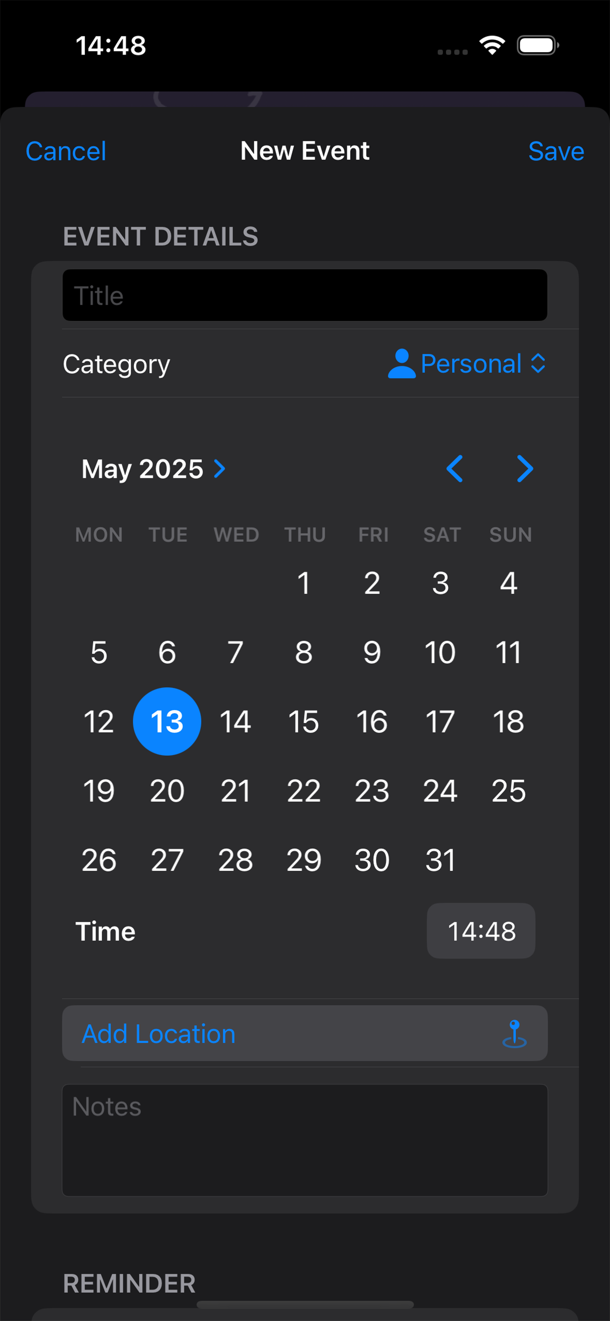 Screenshot of the create event screen in Kounts app