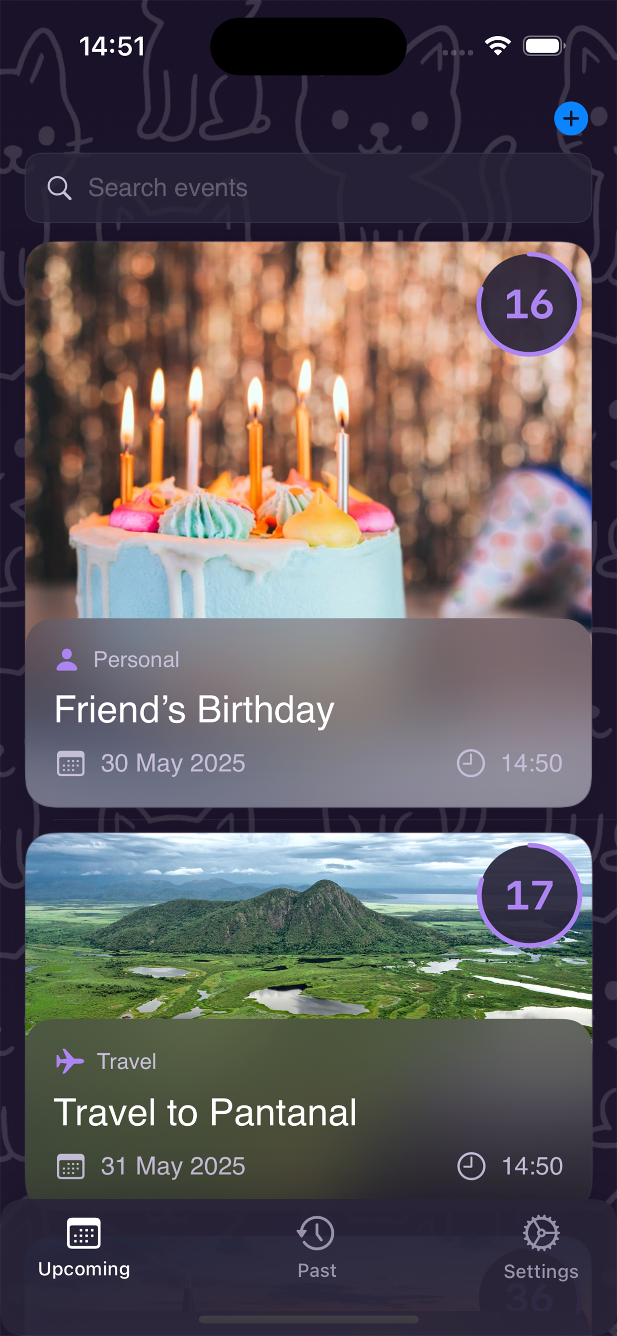 Screenshot of the Kounts app showing a list of upcoming events with countdowns