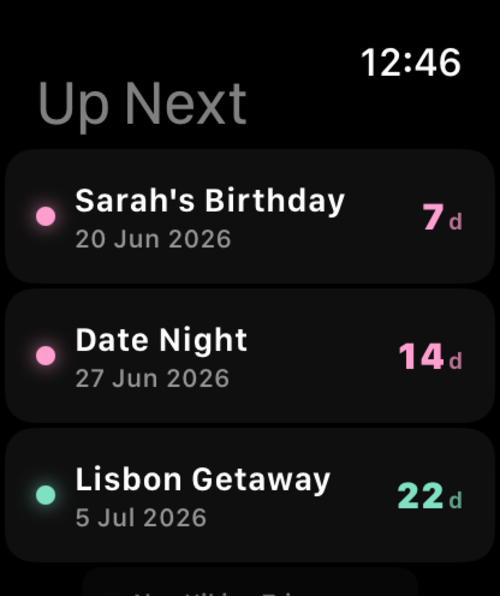 Kounts Up Next list on Apple Watch