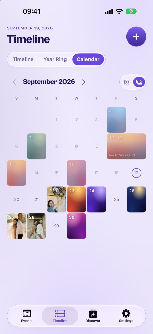 The Timeline calendar in its collage look, each day filled with its event's photo
