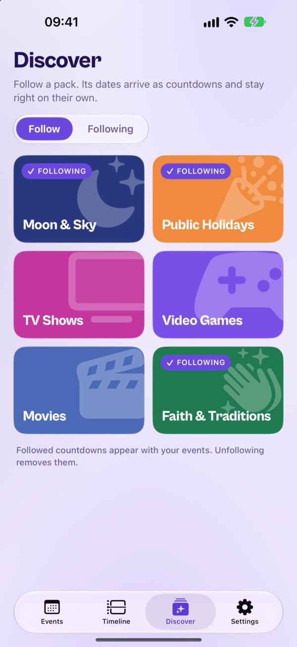 The Kounts Discover tab with its six countdown packs, three of them followed