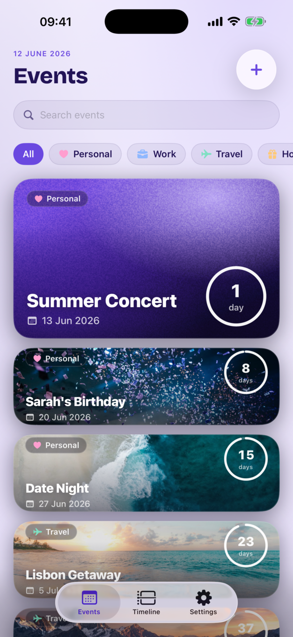 Kounts Events home showing a list of countdown cards