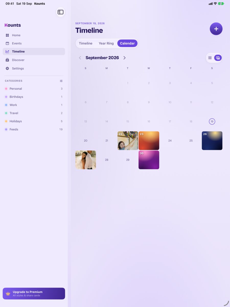 The Timeline calendar on iPad in its collage look, each day filled with its event's photo