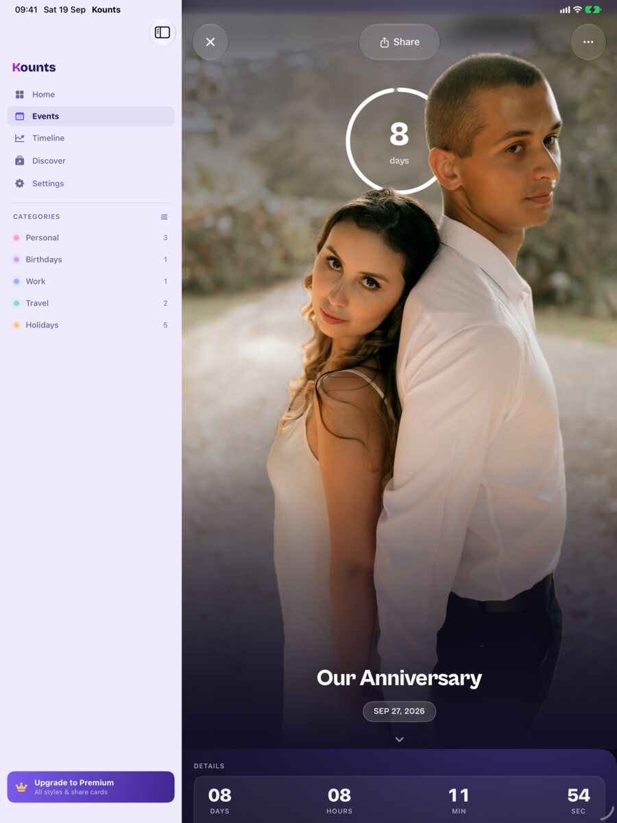 A full-screen Kounts countdown on iPad, the ring tucked behind the couple in the photo