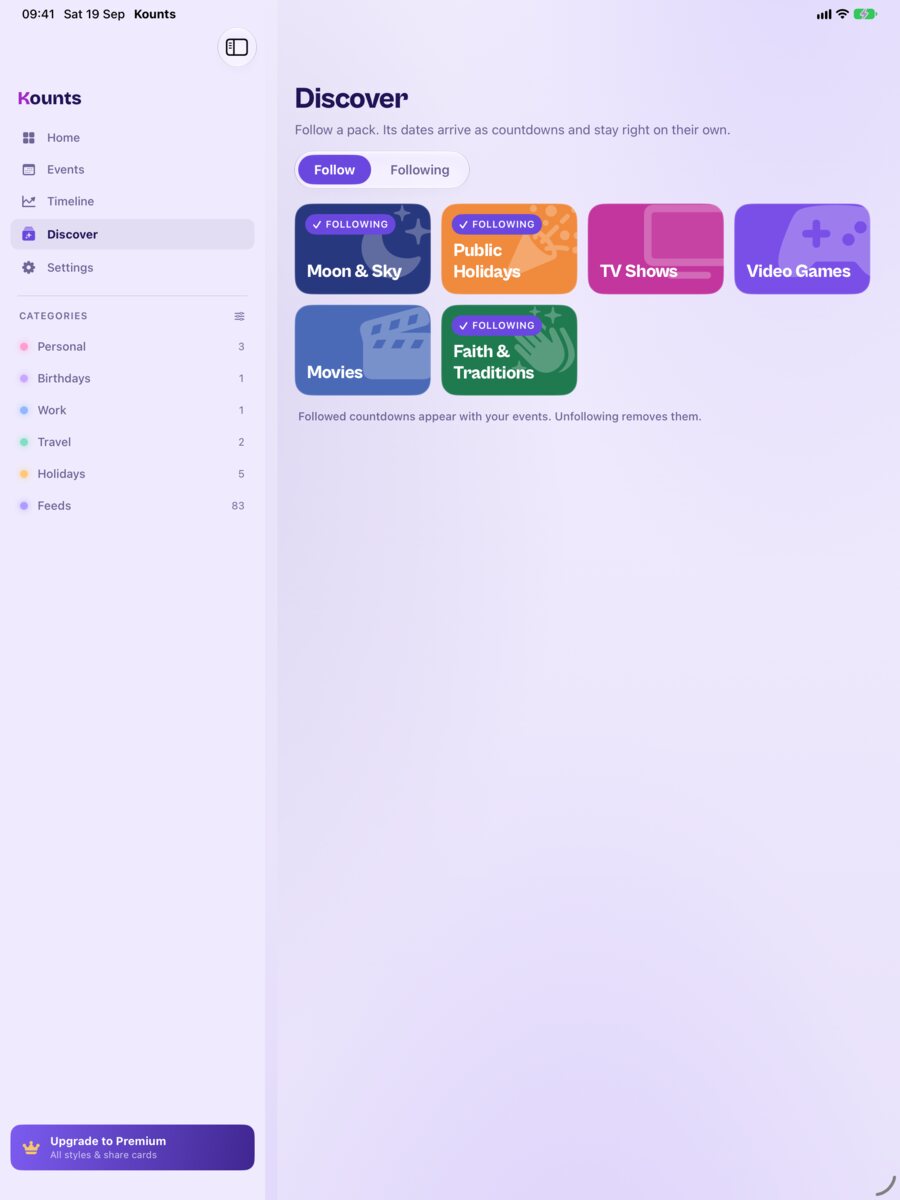 The Discover tab on iPad, with the six countdown packs