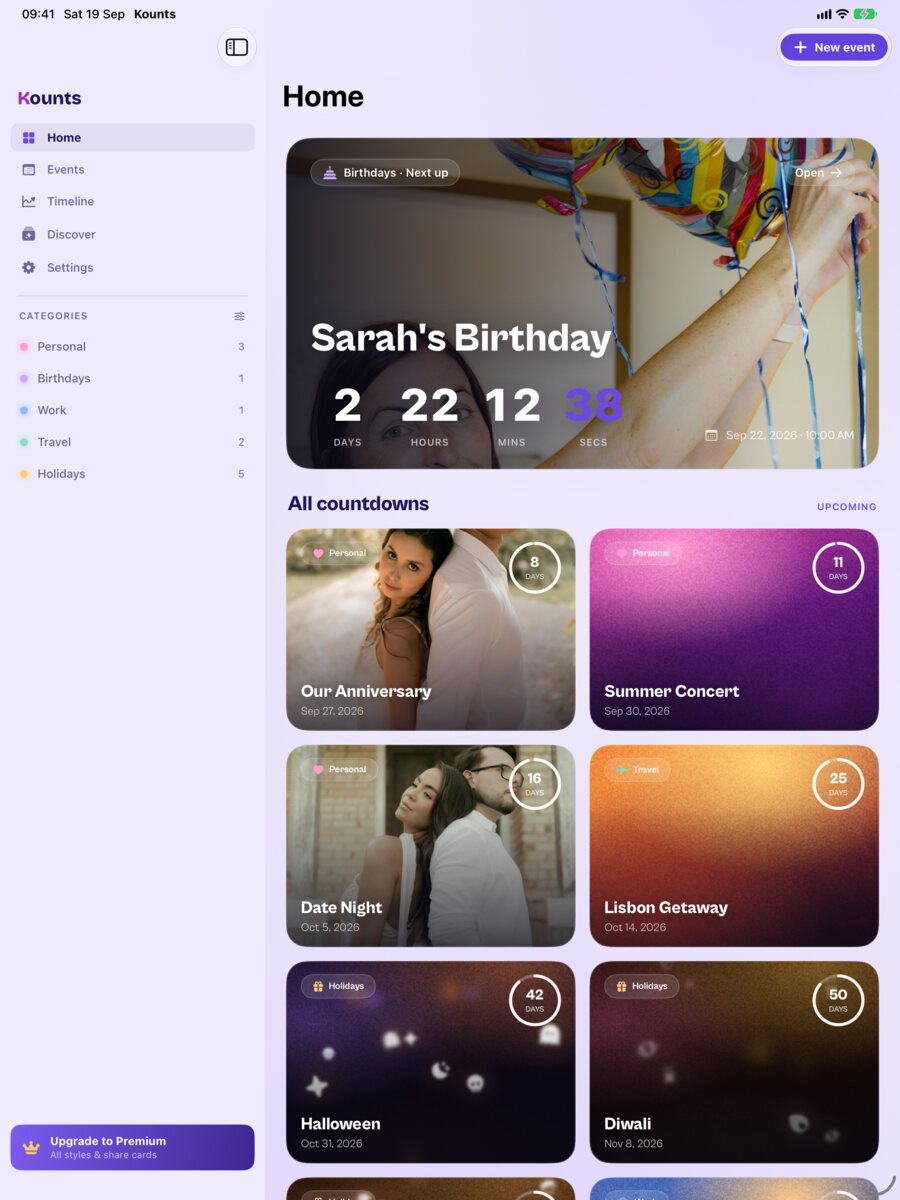 Kounts on iPad: the sidebar and the Home screen, with the next birthday on a wide live card and the other countdowns as photo tiles