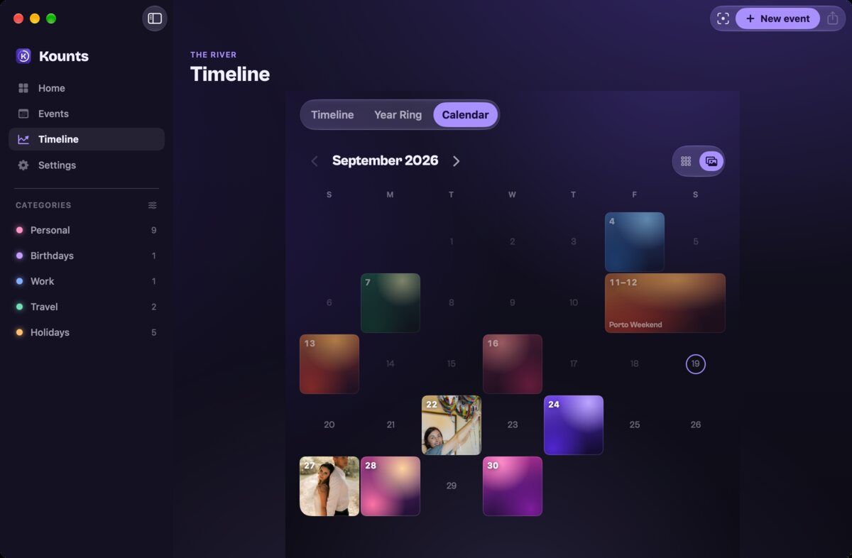 The Timeline calendar on the Mac in its collage look, each day filled with its event's photo or artwork