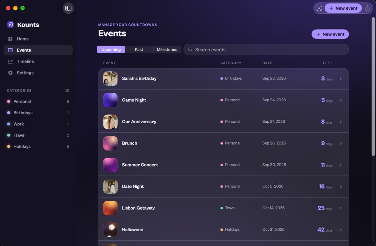 The Kounts for Mac Events list, with each countdown's category, date and days left