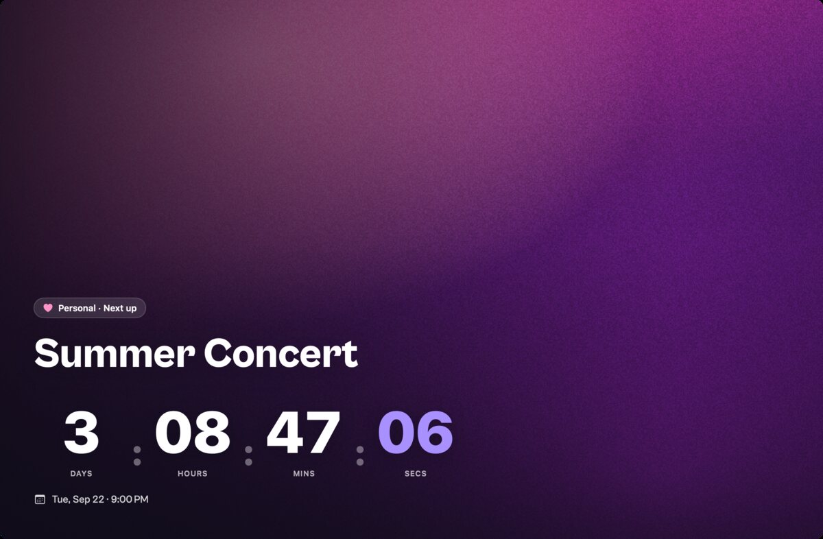 Cinematic Focus in Kounts for Mac: the whole window given to the next countdown, Summer Concert, with days, hours, minutes and seconds