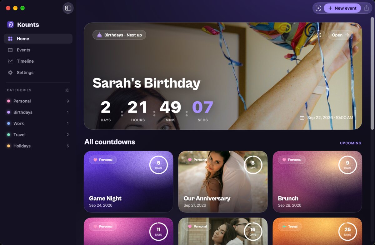 Kounts for Mac Home: the sidebar, the next event on a wide live card and every other countdown as a tile