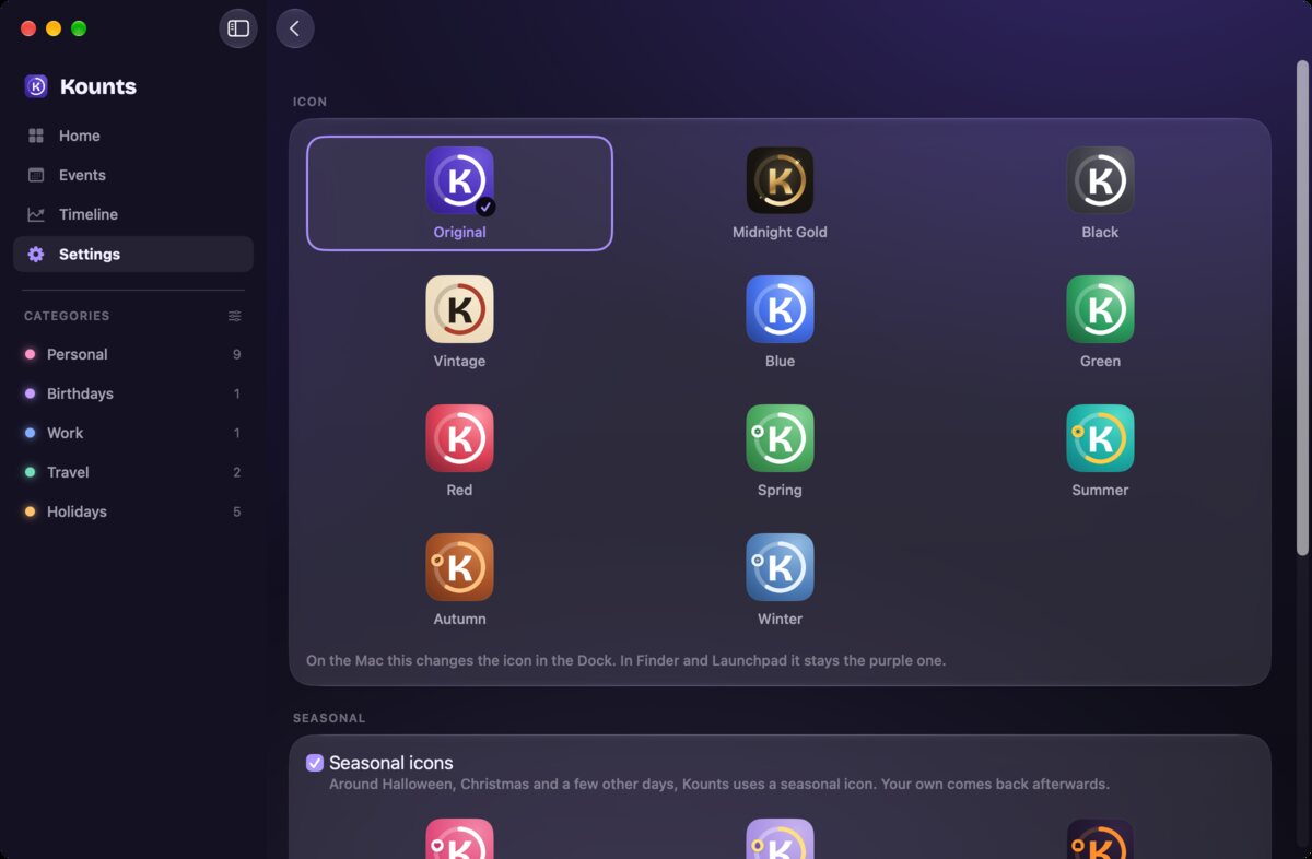 The App Icon screen in Kounts for Mac, with the alternate icons and the Seasonal switch