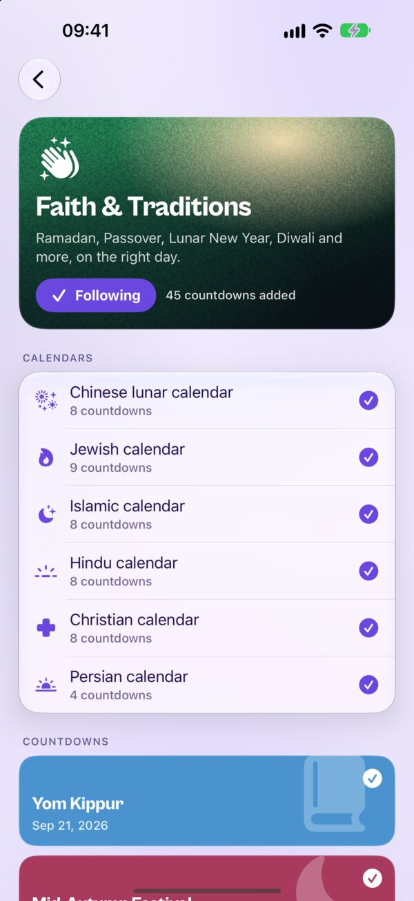 The Faith & Traditions pack in Kounts, with six calendars and their dates