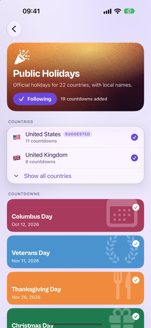 The Public Holidays pack in Kounts, following the United States and the United Kingdom