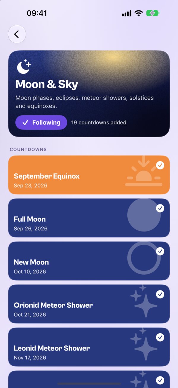 The Moon & Sky pack in Kounts, listing the September equinox, the next full moon and the meteor showers