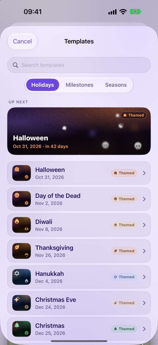 The Kounts holiday templates, with Halloween waiting at the top as the next holiday