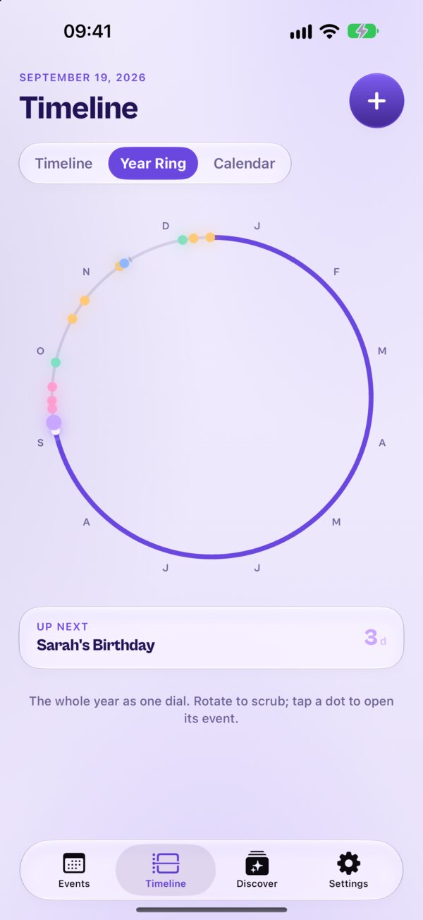 The Kounts Year Ring, with a dot for every upcoming event around the year