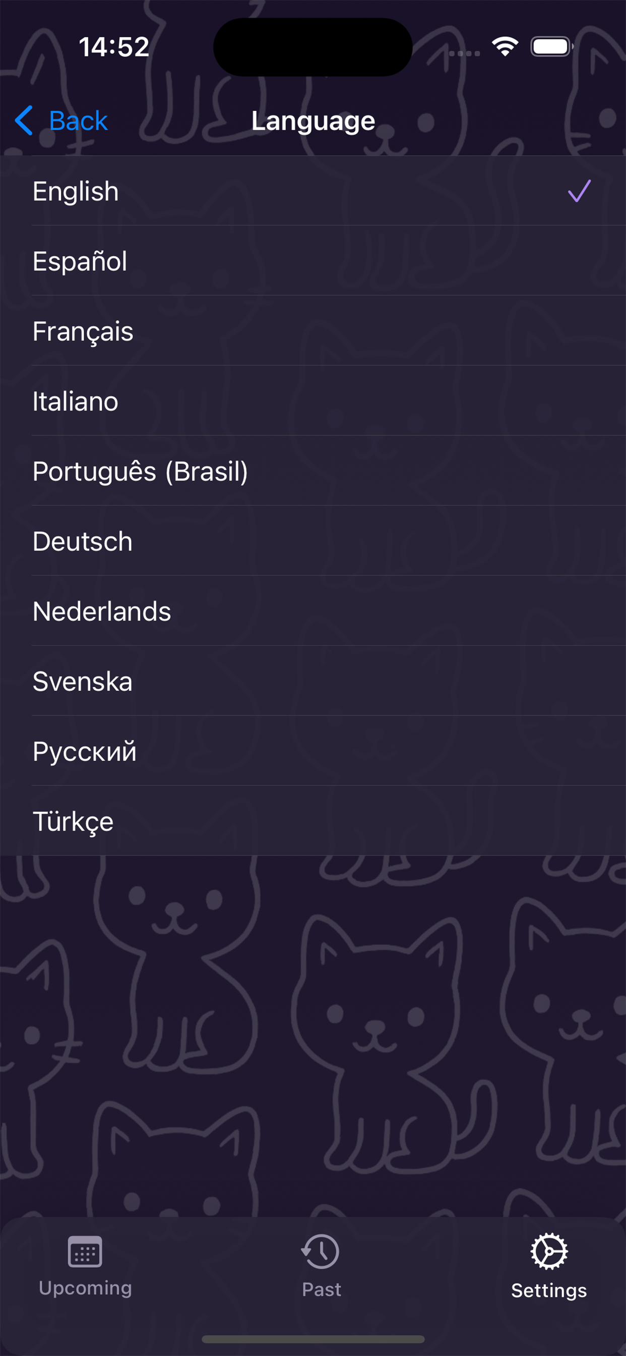 Screenshot of the language settings screen in Kounts app